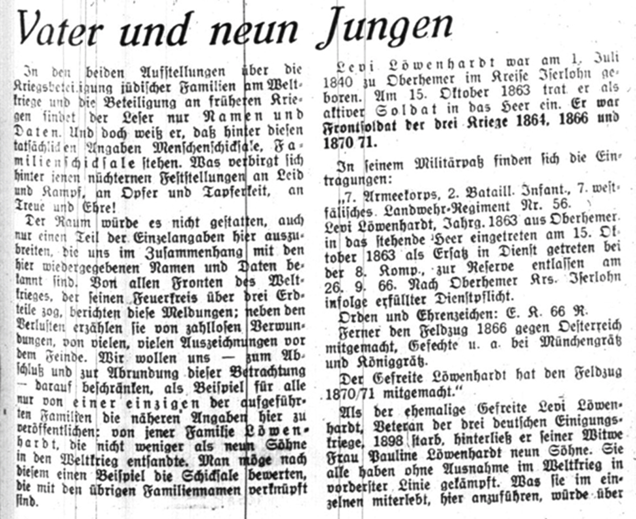6. März 1936, Artikel in „Der Schild“, Organ des Reichsbund jüdischer Frontsoldaten